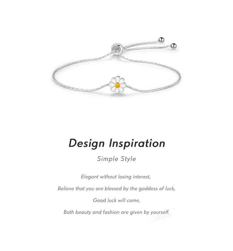 925 Sterling Silver Exquisite Enamel Daisy Flowers Bracelet Trendy Adjustable Snake Chain For Women Valentine’s Day Gifts
