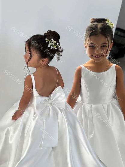 Simple Satin First Communion Dress With Bow Spaghetti Strap Backless Flower Girl Dress for Wedding 2-14 Kids Birthday Party Gown