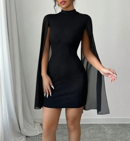 2025 Cross border European and American Women's Round Neck Pit Bar Pearl Chiffon Cloak Wrapped Hip Dress for Women