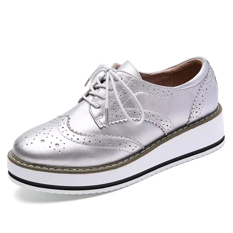 Women's Oxford Flats - Genuine Leather Wingtips Lace-Up Comfort Brogue Derby Patent Platform Casual Shoes for Spring Autumn