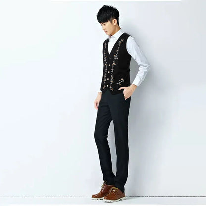 Four Seasons Suit Vest New Men's Fashion Contrast Embroidered Single Breasted Suits Waistcoat Workwear Groomsmen's Clothing