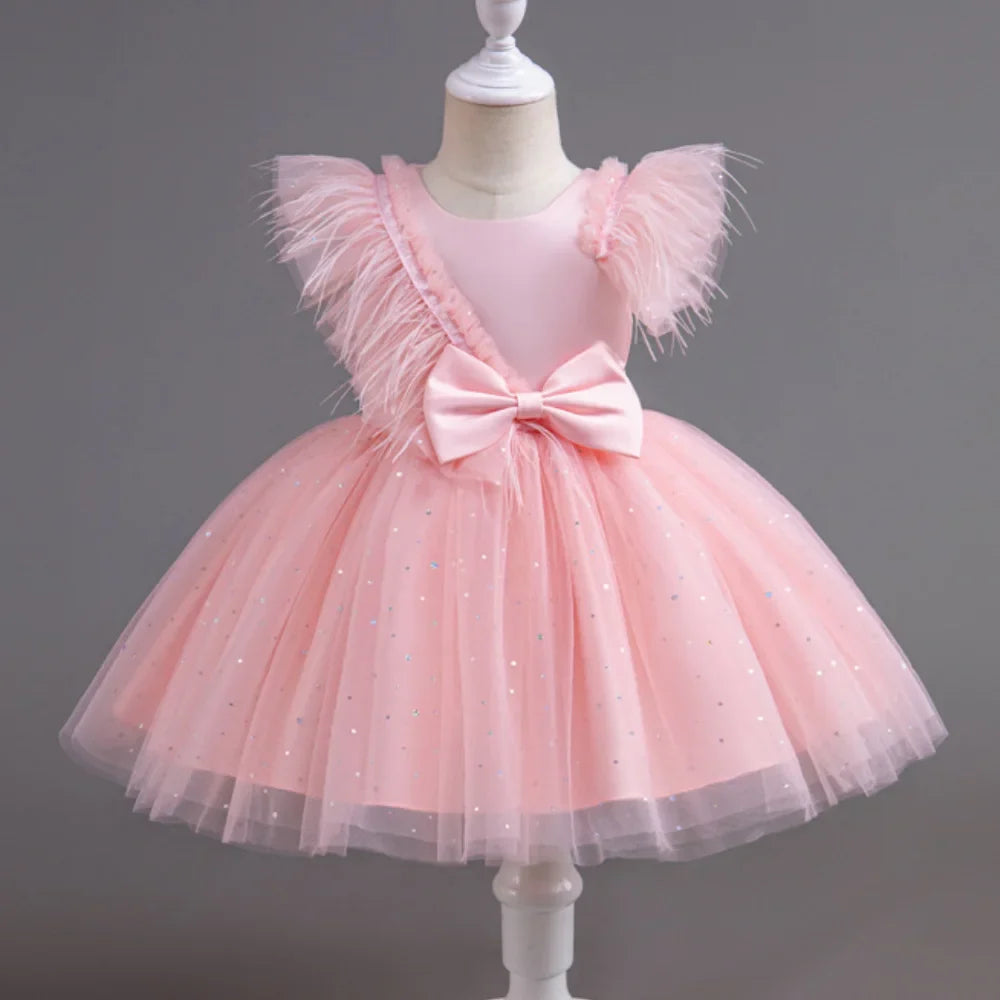 Summer Girls' New Bow Sequin Flying Sleeves Mesh Fluffy Skirt Piano Competition School Graduation Ceremony Dress