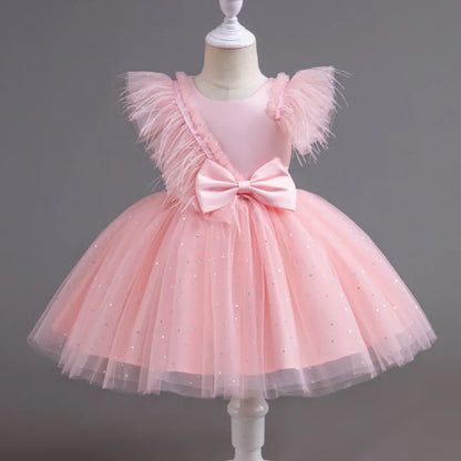 Summer Girls' New Bow Sequin Flying Sleeves Mesh Fluffy Skirt Piano Competition School Graduation Ceremony Dress