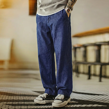 Men's Vintage Denim Jeans Washed Blue Lightweight Baggy Straight Wide Leg Zipper Casual Spring Summer Pants