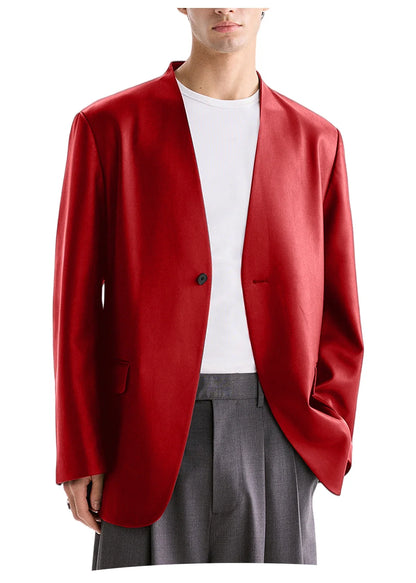 Luxury Men's PU Leather Blazer Collarless Jacket Loose 1 Button Elegant Solid Color Coat for Party Wedding Office Daily Wear