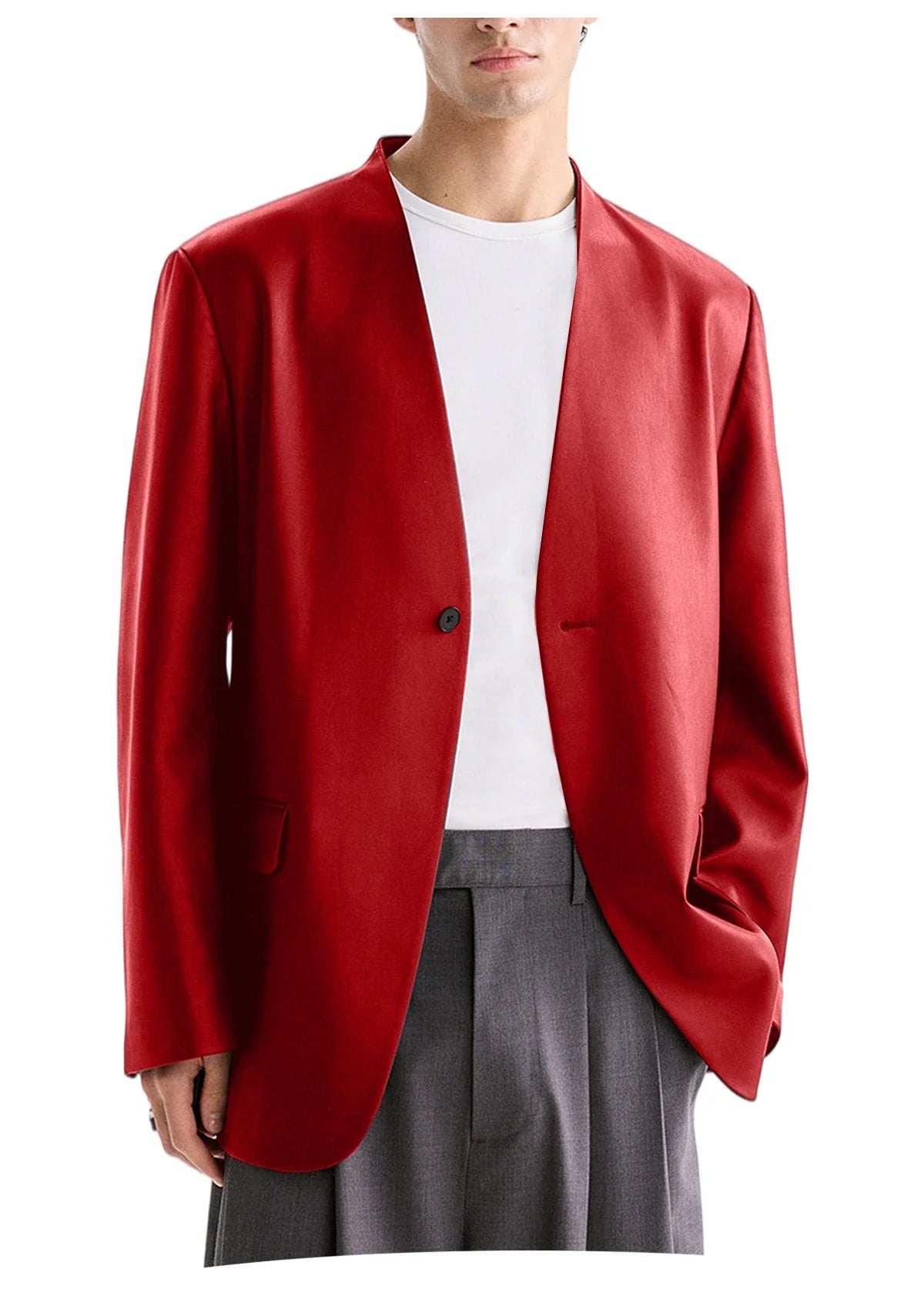 Luxury Men's PU Leather Blazer Collarless Jacket Loose 1 Button Elegant Solid Color Coat for Party Wedding Office Daily Wear