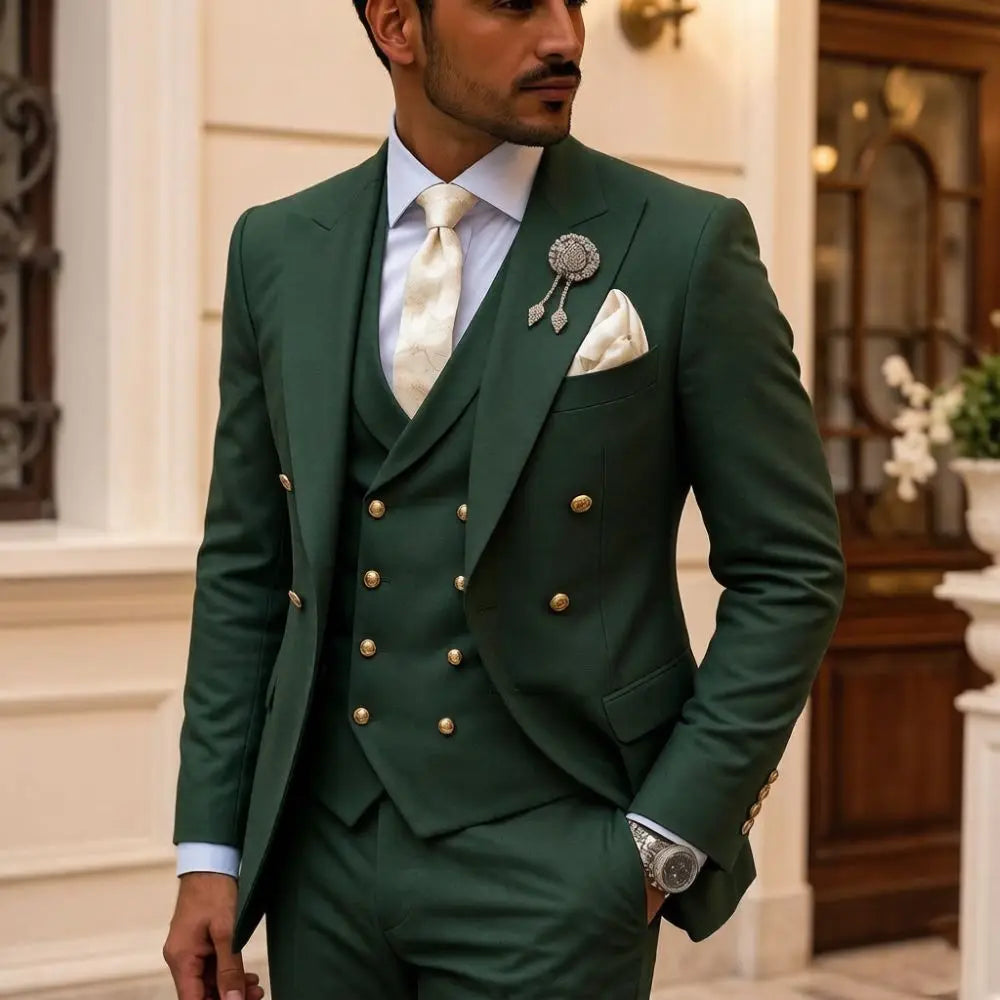 Mens White 3 Piece Suits Double Breasted Waistcoat Wedding Tuxedo Shiny Gold Buttons Luxury Formal Groom Prom Party Celebration