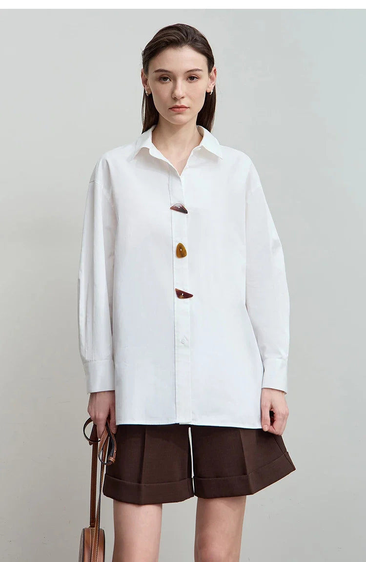 2025 Autumn Shirts Minimalism Tops 100% Cotton Long Sleeves Solid Shirt Office Lady Buttons Pullovers Blouse 12523091