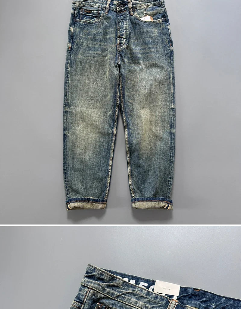 13.5oz Men's Japanese Indigo Blue Selvedge Straight Leg Denim Jeans for Men Artisan Vintage Spring Washed with Raw Hem Detailing