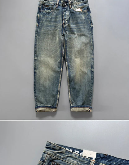 13.5oz Men's Japanese Indigo Blue Selvedge Straight Leg Denim Jeans for Men Artisan Vintage Spring Washed with Raw Hem Detailing