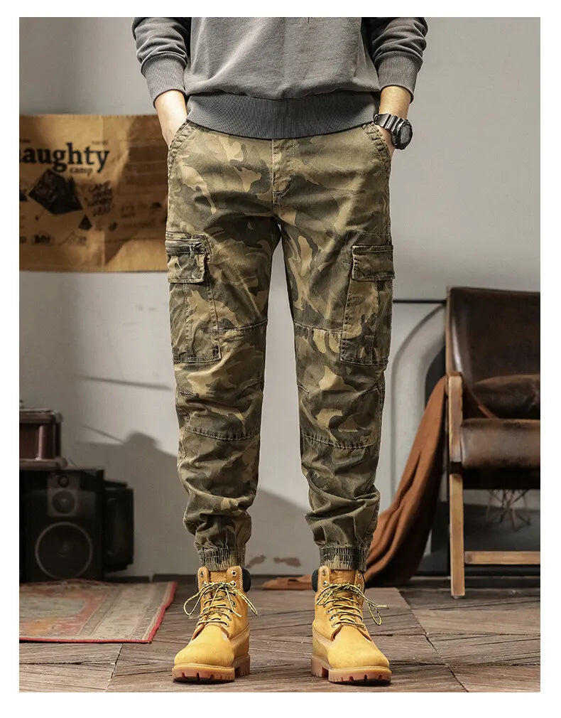 Length Men's Cargo Pant Cotton Stretch Casual Camouflage Trouser Male Camo Cuff Jogger Multi Zip Pocket Outfit Zipper Tied