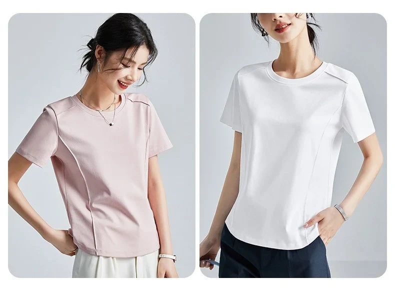 Summer Women's White Mercerized Cotton T-Shirt | 3D Stitching Round Neck Basic Top | Plus Size Slim Fit Layered Casual Blouse
