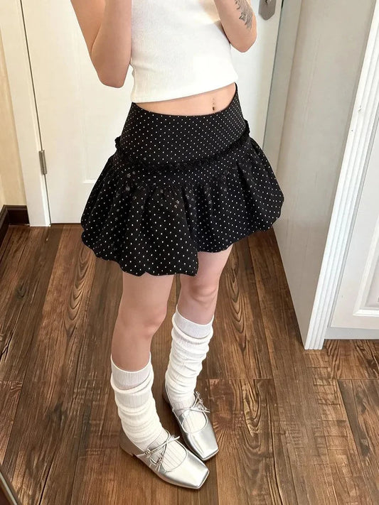 Summer Vintage Black Polka-dot Bud Skirt New Y2K High Waist Pure Desire Slim Fluffy Skirts Japanese Sweet Streetwear Clothing
