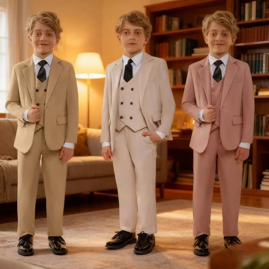 Casual Smart Kids Suit Set 4 Pieces 3 Colors Available Notched Lapel Comfortable Long Sleeved Boys Tuxedo Plus Size 3-14T