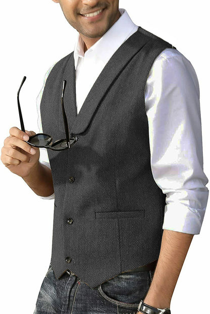 Men's Casual Suit Vest Shawl Lapel Wool Tweed Herringbone Dress Waistcoat for Wedding Party Dinner Herringbone Vests