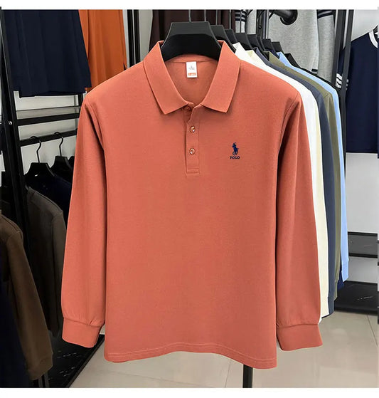 2025 autumn men's long sleeved T-shirt with a solid color polo shirt and a loose casual plus size base shirt