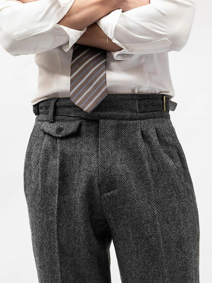 Men's Elegant Tailored Pants High Waist Trousers Autumn Winter New Style Italian Neapolitan Light Business Casual Folded Design