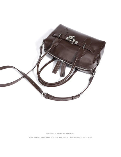 2025 Fall Winter New Top Grain Leather Spacious Boston Bag Lock Design Single Shoulder Crossbody Pack Women Commuting Handbag