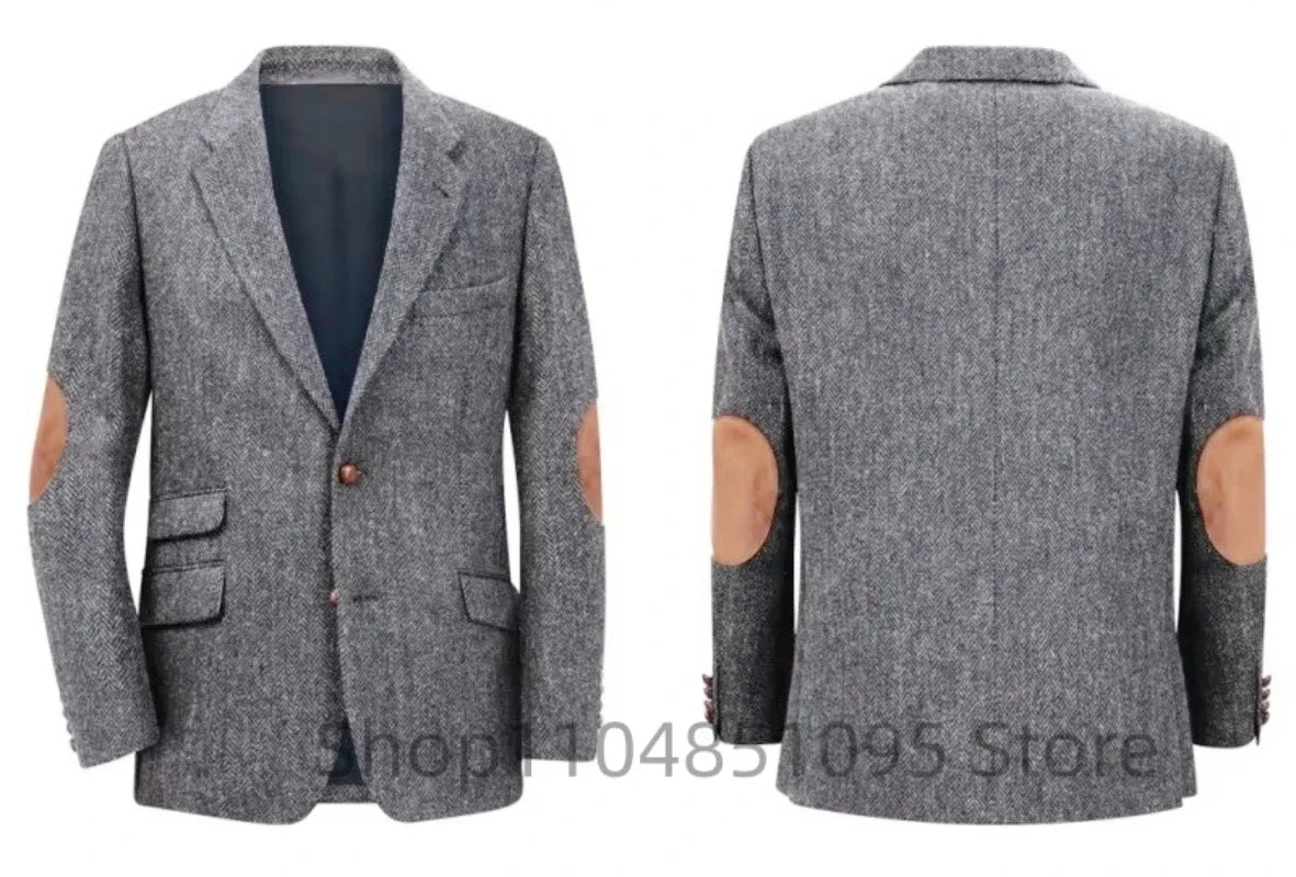 Men's Brown Herringbone Tweed Blazer Single Breasted Two Buttons Business Wedding Prom Tuxedo Jacket Casual Smart Suits Top