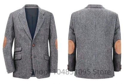 Men's Brown Herringbone Tweed Blazer Single Breasted Two Buttons Business Wedding Prom Tuxedo Jacket Casual Smart Suits Top