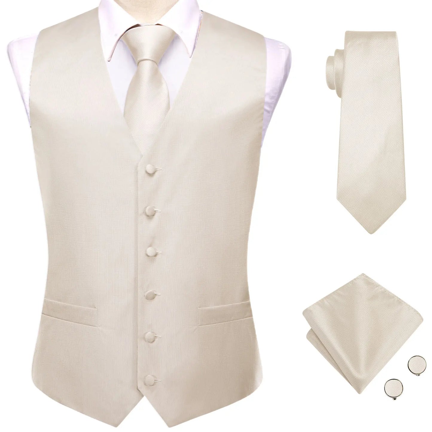 Champagne Mens Vest Tie Set Fashion Paisley Jacquard Western Waistcoat Necktie Hanky Cufflinks Wedding Business Gift Hi-Tie