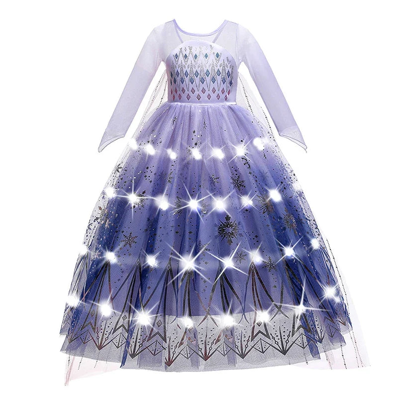 Elsa Princess Dresses +LED Light Girls Mesh Sequin Dress Kids Cosplay Frozen Snow Queen Costumes Halloween Party Gowns