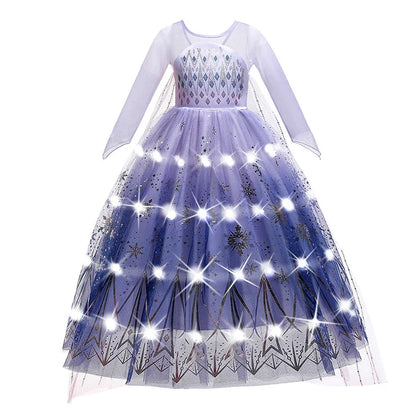 Elsa Princess Dresses +LED Light Girls Mesh Sequin Dress Kids Cosplay Frozen Snow Queen Costumes Halloween Party Gowns