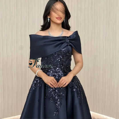 Customized Navy Blue A-line Flower Appliques Satin Evening Dress Draped Off the Shoulder Sleeveless Ankle Length Party Prom Gown