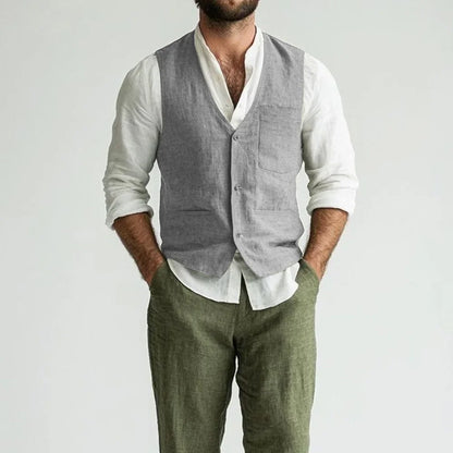 Linen Man Vest Solid Color Elegant for Men's Suit V-Neck Lightweight Casual Style Single-Breasted V-Neck Classic Sleeveless