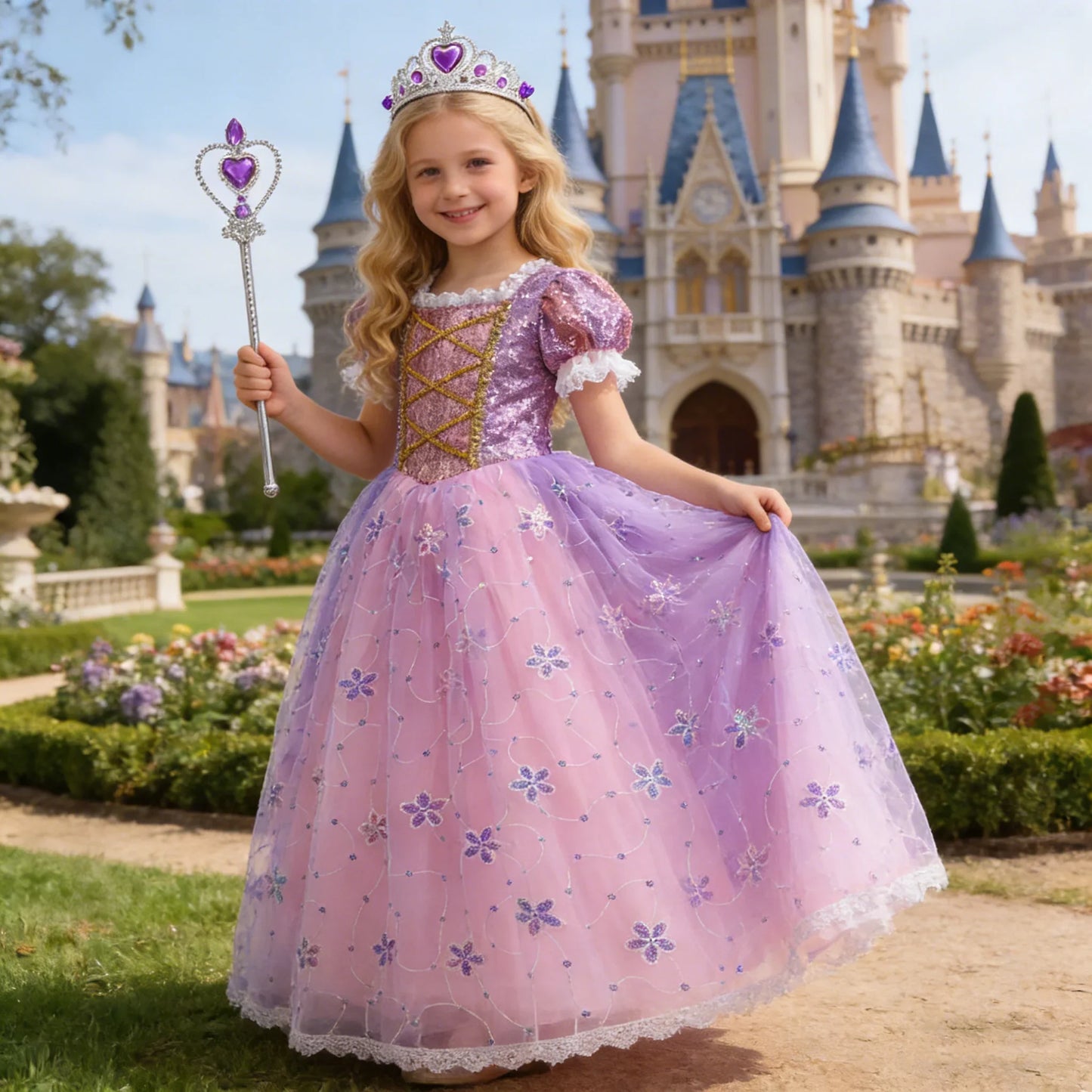 Girl Rapunzel Dress Kids Carnival Princess Costume Children Luxury Print Ball Gown Lace Sequin Gradient Fluffy Frocks