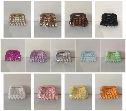 Yingzi Small Sequin Crochet Cluth Bag with Shine Paillettes Handmade Evening Bag Makeup Bag