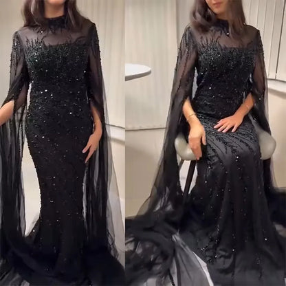 Luxury Beaded Evening Dress Cape Sleeve Dubai Sheer Neck Mermaid Formal Prom Wedding Party Gown Customized 2026