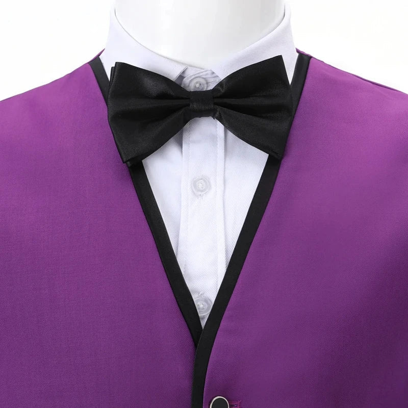 Men Vest Purple With Black Side Single Button Waistcoat For Wedding Banquet Birthday Business Casual Work Set Men Suit Vest