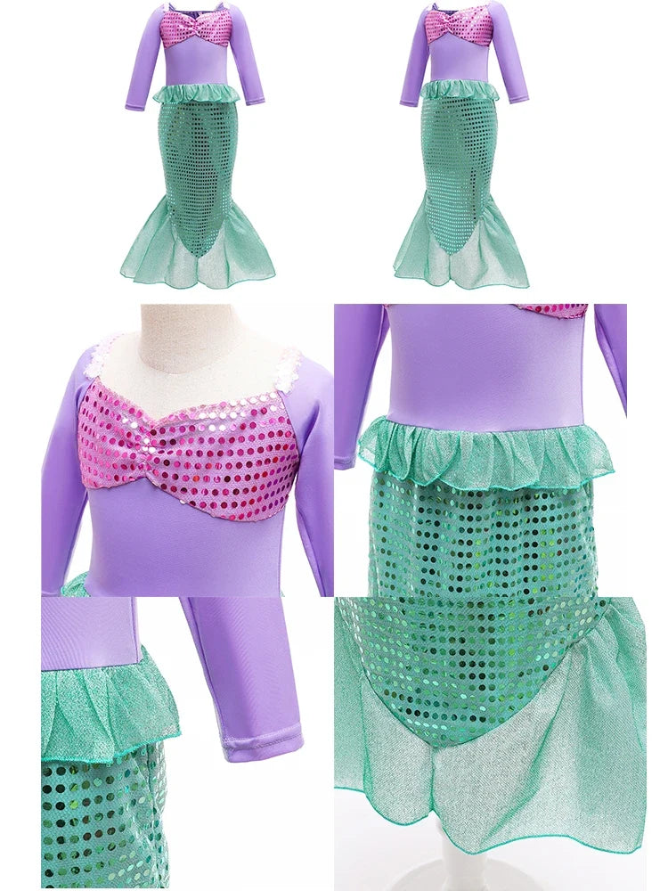 Little Girls Summer Clothing Children Ariel Mermaid Cosplay Blue Green Pink Sunshine Beach Enjoy Vacation Princess Ruffles Dress