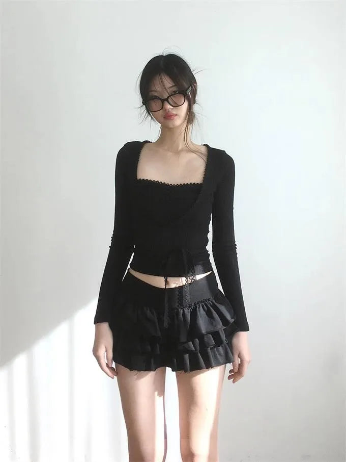 Y2k Lolita Mini Cake Skirt Soft Girl low Waist Ruffle Fluffy Fairy Skirts Summer Kawaii Cute Elegant Short Skirt Black