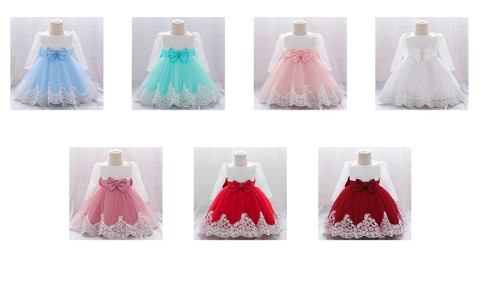 Long Sleeve Baby Girls Dress Newborn White Baptism Tulle Party Wedding 1st Birthday Princess Dresses Infant Girls Bow Prom Gown