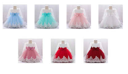 Long Sleeve Baby Girls Dress Newborn White Baptism Tulle Party Wedding 1st Birthday Princess Dresses Infant Girls Bow Prom Gown