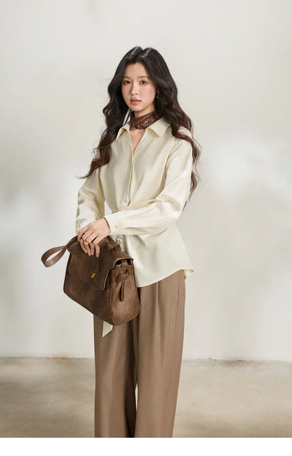 Women's Lapel Collar Long Sleeve Shirt 2026 Spring with Belted Waist Casual Loose Soft Beige Shirt Office Lady MXF13C2452