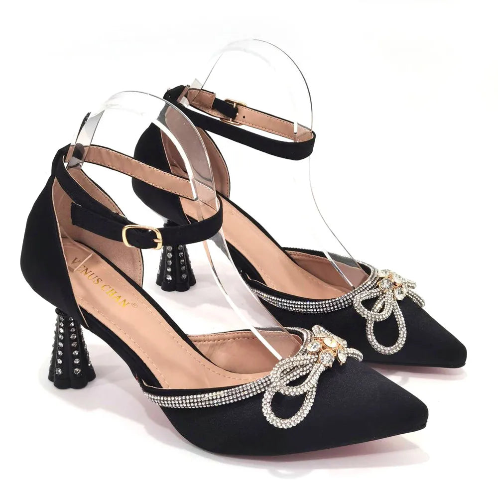 2023 Ladies Pointed-Toe Party High Heels Magenta Colour Bow Rhinestone Stereo Bag Evening  African Wedding Shoe And Bag Set
