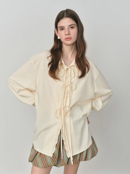 Autumn 2025 Women's French Inspired Blouse - Ruffle Trim Tie Front Loose Fit Shirt Collar Top Soft Blend Daily Wear