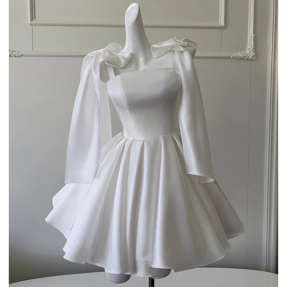 White Satin Bow Spaghetti Straps Cocktail Dresses A Line Knee Length Short Party Dresses Homecoming Dresses Formal Prom Gowns