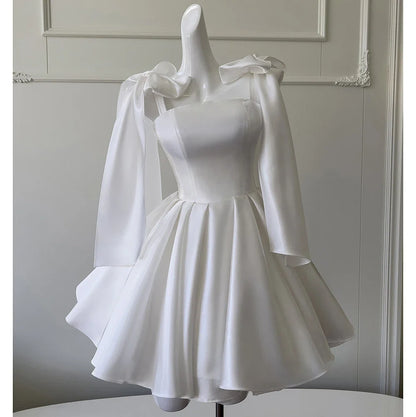 White Satin Bow Spaghetti Straps Cocktail Dresses A Line Knee Length Short Party Dresses Homecoming Dresses Formal Prom Gowns