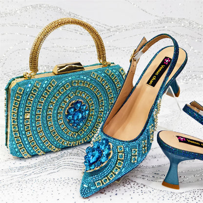 2025 Elegant Fruit Green Women's Green Heels and Rhinestone Handbag Set - Italian Design for Weddings and Parties