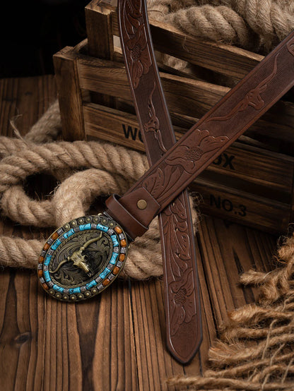 A Casual, Individual and Retro Belt, Western-Style Clothing Accessory, Metal Buckle, PU Belt, Suitable for Both Men and Women