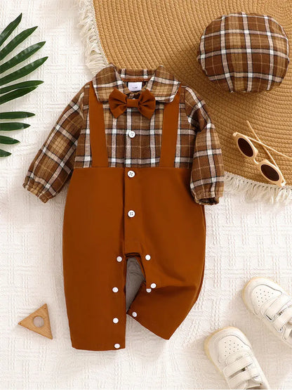 Cute Baby Boy Plaid Print Jumpsuit with Bow Tie & Checkered Beret.