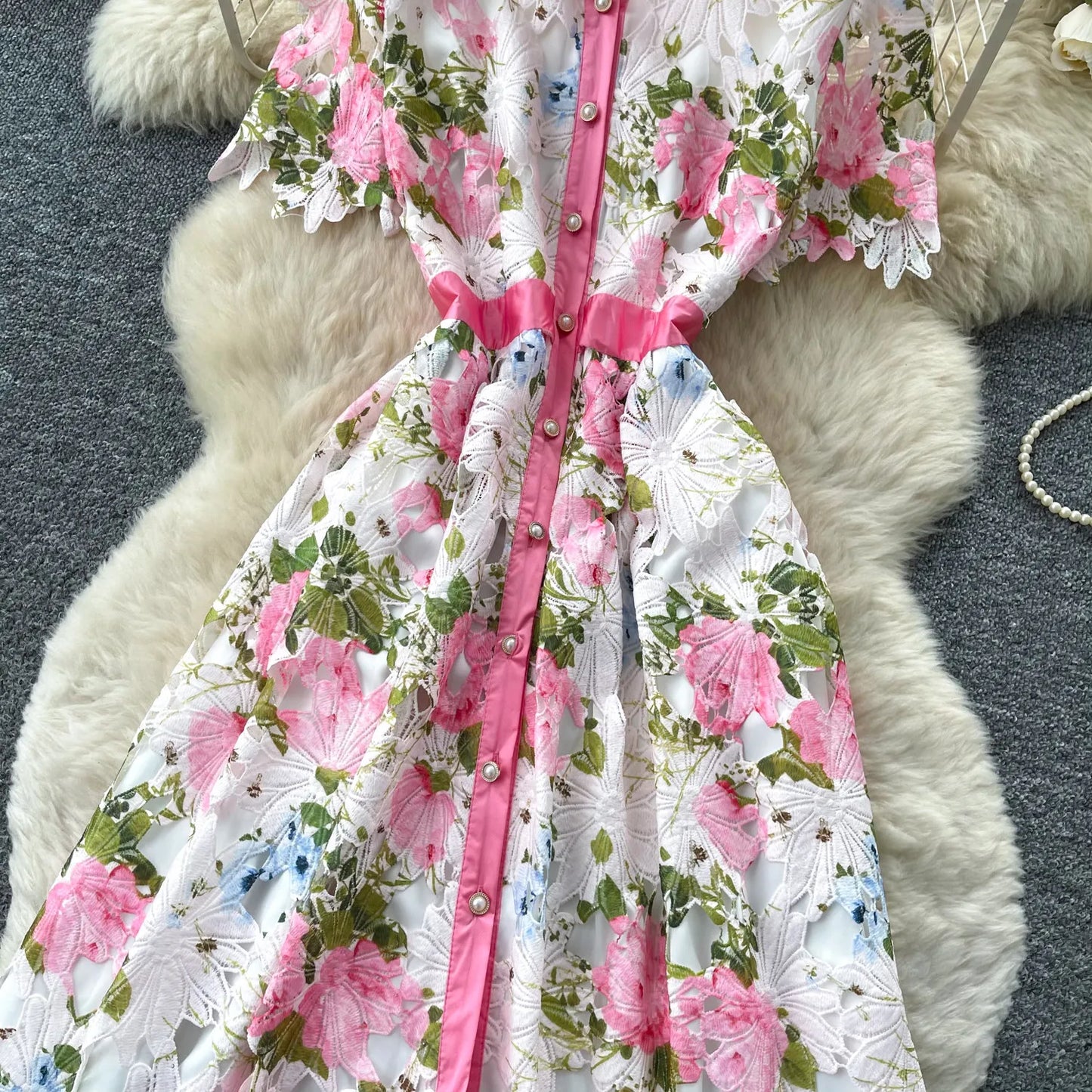Embroidery Flower Vacation Dress French Style Blet Lapel Slim High Quality Hollow Out Ladies Elegant A-line Long Dress