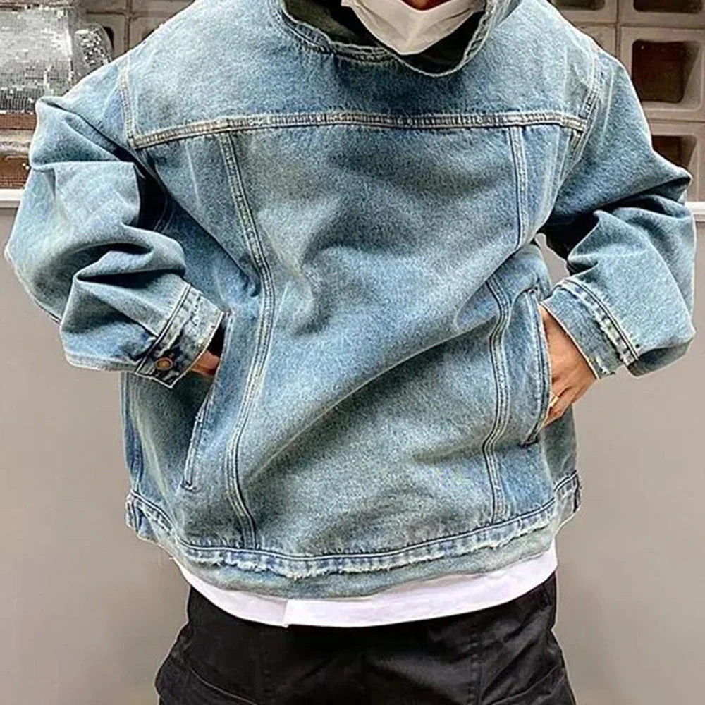 Mens Autumn Fashion Denim Washed Distressed Retro Hoodie Genderless Street Fashion Casual Loose Denim Sweatshirt Unisex