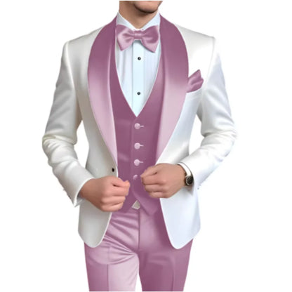 Customized Men's 3 Piece Tuxedo With Scarf Lapel Smoking Suit Wedding Groomsmen Formal Party Blazer Terno Masculino