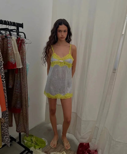 Sexy Sequin Lace Trim Dress Women Fashion V-neck Sleeveless High Waist Mini Sling Dresses 2026 Summer Lady Vacation Robe