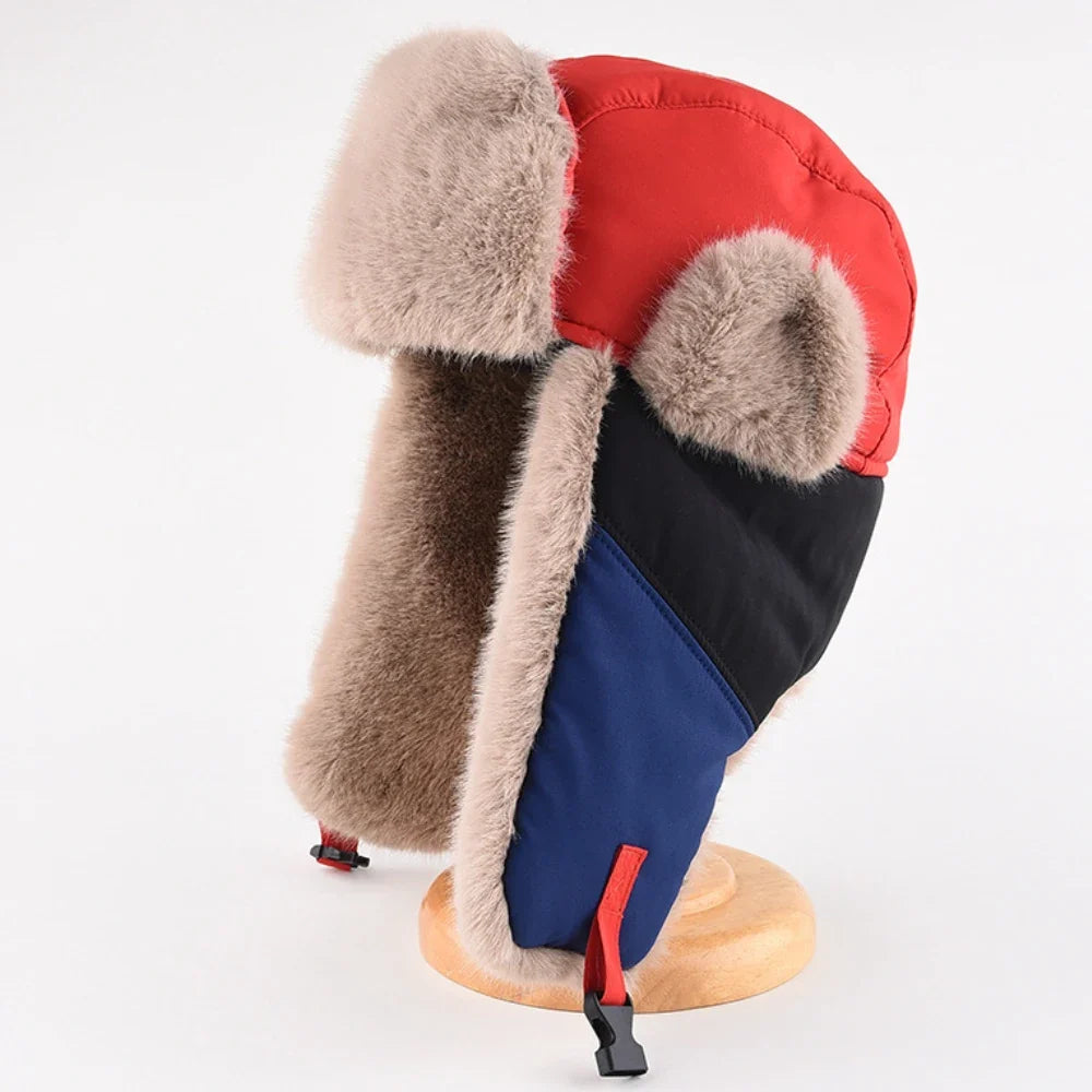 Russian Hat New Thick Warm Patchwork Winter Fur Hat for Men Women Windproof Riding Ski Earflap Cap Male Female Bomber Hat